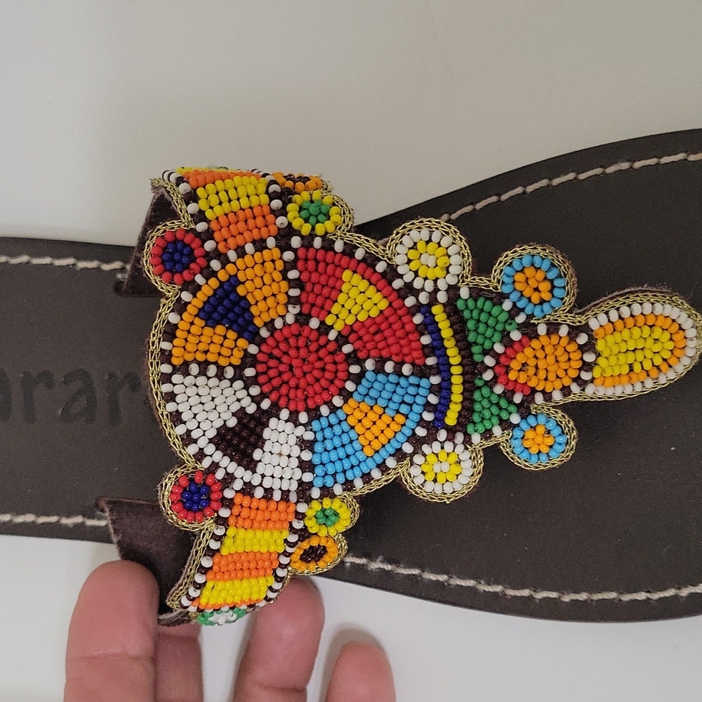 Jararè leather Malindi slip-on thong sandals with multicolor beads size 37 (6.5) - Picture 3 of 10